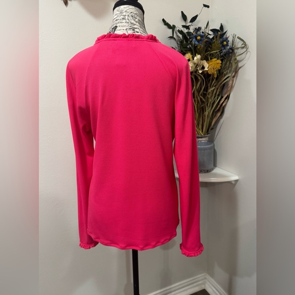 Beach House Pink Long Sleeve Button Down Shirt with ruffled Mandarin Collar - Picture 2 of 8